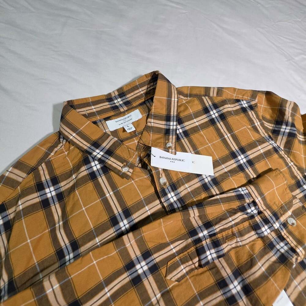 Banana Republic Slim Untucked Plaid Shirt Size L Yellow Plaid